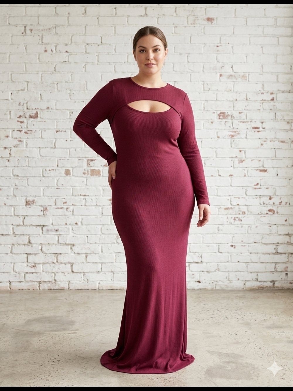 Long Sleeve Burgundy Maxi Dress with Front Keyhole